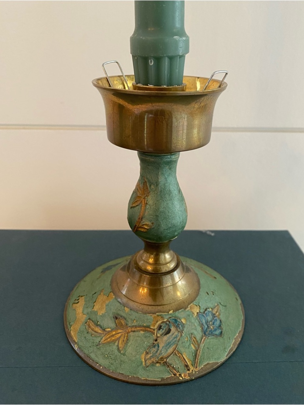 Vintage Solid Brass French Cloisonné Hurricane Candle Holder Hand Painted